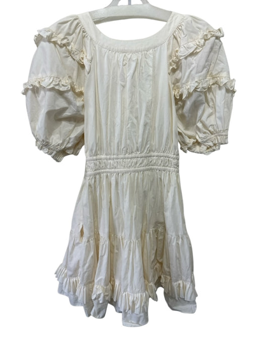 Ulla Johnson Ecru Cotton Puff Sleeves Mini Drawstring Wide Neck Dress Ecru