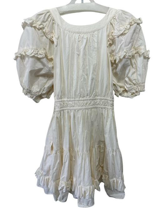 Ulla Johnson Ecru Cotton Puff Sleeves Mini Drawstring Wide Neck Dress Ecru
