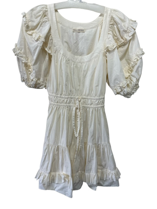 Ulla Johnson Ecru Cotton Puff Sleeves Mini Drawstring Wide Neck Dress Ecru
