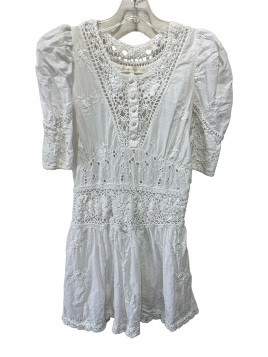 Loveshackfancy Size 4 White Cotton Blend 1/2 Sleeve 1/4 Button Mini Dress White / 4
