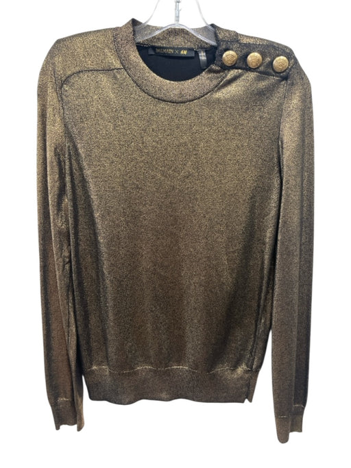 Balmain X H&M Size 6 Gold Viscose Blend Long Sleeve Metallic Buttons Top Gold / 6