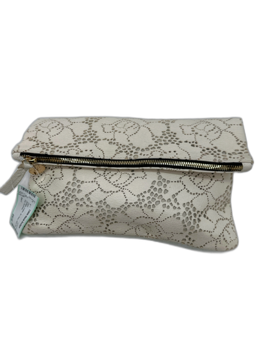 Claire V Off White Leather Zip Close Floral Fold Over Clutch Off White