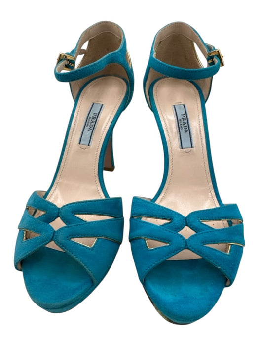 Prada Shoe Size 36 Turquiose Leather Ankle Buckle Open Toe Suede Strappy Heels Turquiose / 36