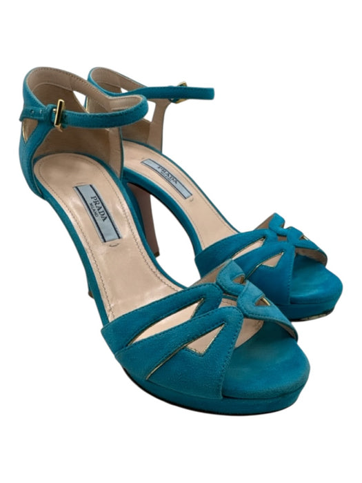 Prada Shoe Size 36 Turquiose Leather Ankle Buckle Open Toe Suede Strappy Heels Turquiose / 36