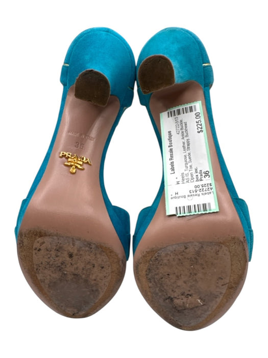 Prada Shoe Size 36 Turquiose Leather Ankle Buckle Open Toe Suede Strappy Heels Turquiose / 36