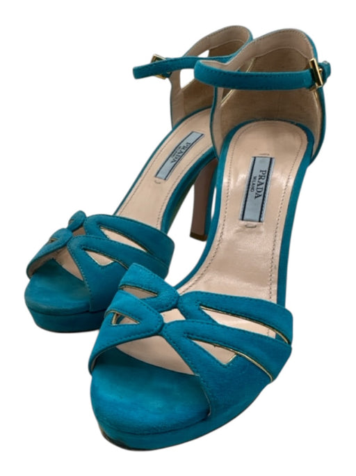 Prada Shoe Size 36 Turquiose Leather Ankle Buckle Open Toe Suede Strappy Heels Turquiose / 36
