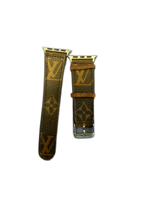 No Brand Brown Leather Silver Hardware Apple Watch LV Monogram Watchband Brown