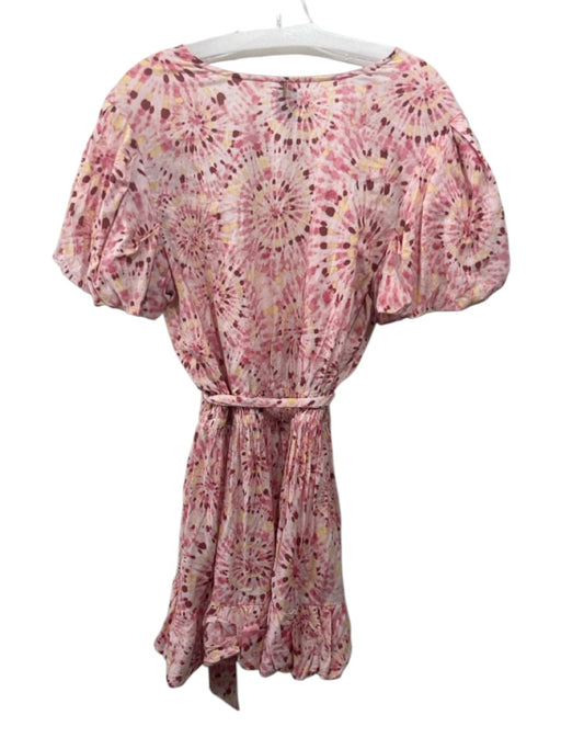 Misa Size L Pink, Red & Yellow Rayon Blend Tie Belt Deep V neck Mini Gown Pink, Red & Yellow / L