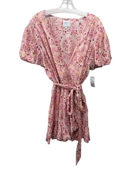 Misa Size L Pink, Red & Yellow Rayon Blend Tie Belt Deep V neck Mini Gown Pink, Red & Yellow / L