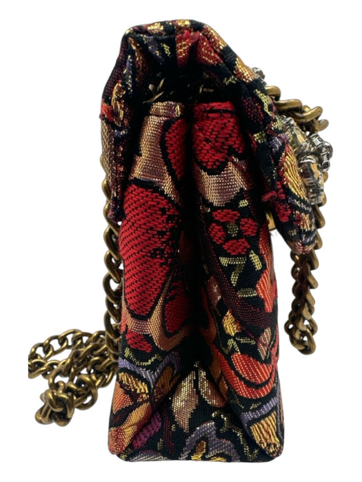 Kurt Geiger Red & Gold Fabric Jacquard Floral Flap Bird Crossbody Bag Red & Gold / Mini