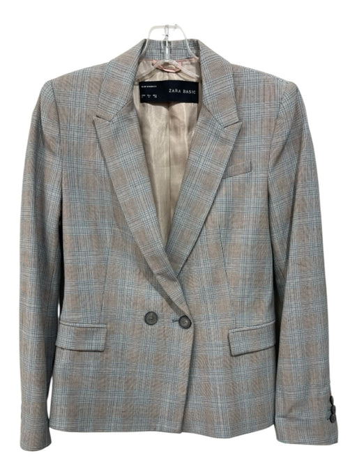 Zara Basic Size S Blue, Beige & Black Polyester & Viscose Double Breast Jacket Blue, Beige & Black / S