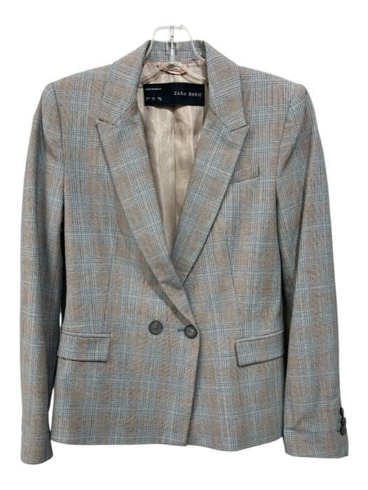 Zara Basic Size S Blue, Beige & Black Polyester & Viscose Double Breast Jacket Blue, Beige & Black / S