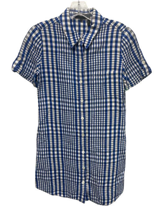 Theory Size 4 Blue & White Viscose Blend Plaid Short Sleeve Patch Pocket Dress Blue & White / 4