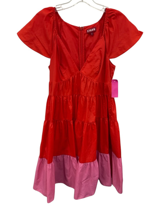 Staud Size XS Red & Pink Nylon Flutter Cap sleeve Color Block Tiered Dress Red & Pink / XS