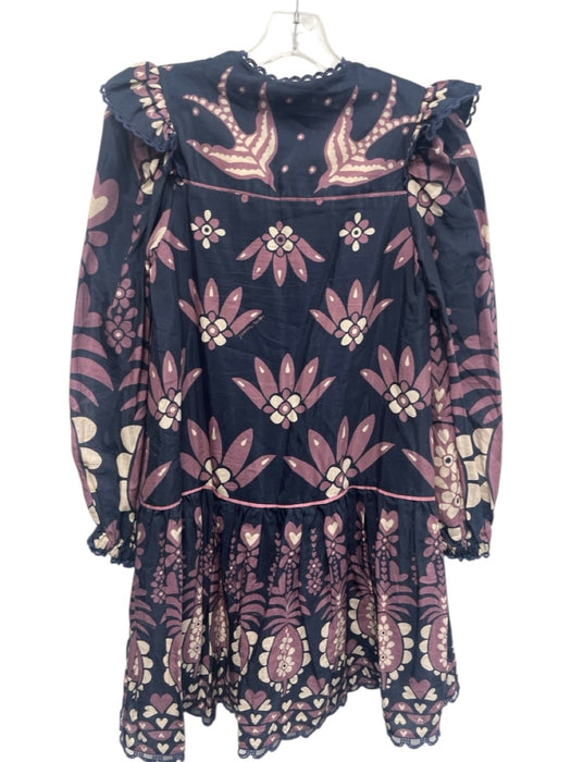 Farm Rio Size XXS navy, purple, white Long Sleeve Floral Quarter Button Dress navy, purple, white / XXS