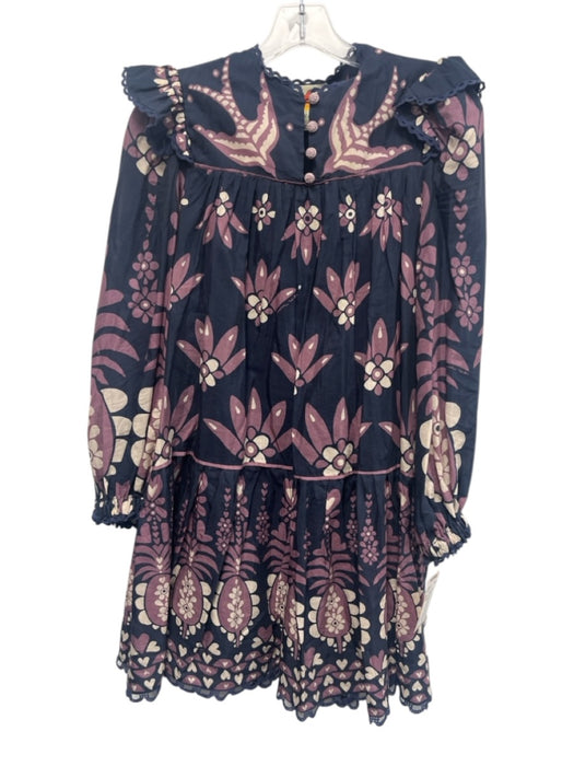 Farm Rio Size XXS navy, purple, white Long Sleeve Floral Quarter Button Dress navy, purple, white / XXS