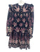 Farm Rio Size XXS navy, purple, white Long Sleeve Floral Quarter Button Dress navy, purple, white / XXS