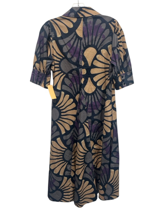 Lior Paris Size XS Navy, Purple, Beige Cotton Half Puff Sleeve Floral Midi Dress Navy, Purple, Beige / XS