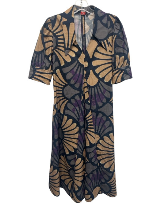 Lior Paris Size XS Navy, Purple, Beige Cotton Half Puff Sleeve Floral Midi Dress Navy, Purple, Beige / XS