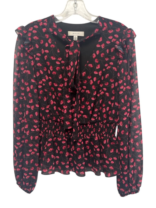 Milly Size P Pink & Black Polyester Long Sleeve Floral Shirred Pussybow Top Pink & Black / P