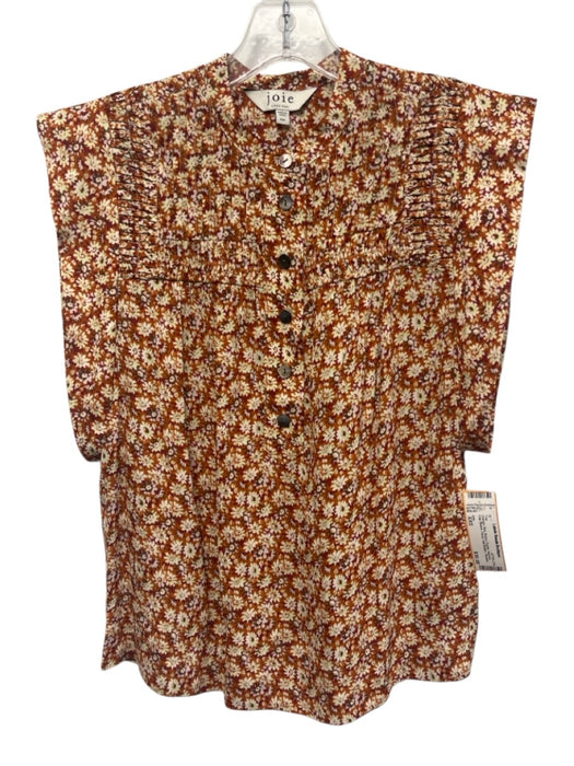 Joie Size XXS Orange, Red, Brown, Purple Viscose Cap Sleeve Floral Pleated Top Orange, Red, Brown, Purple / XXS