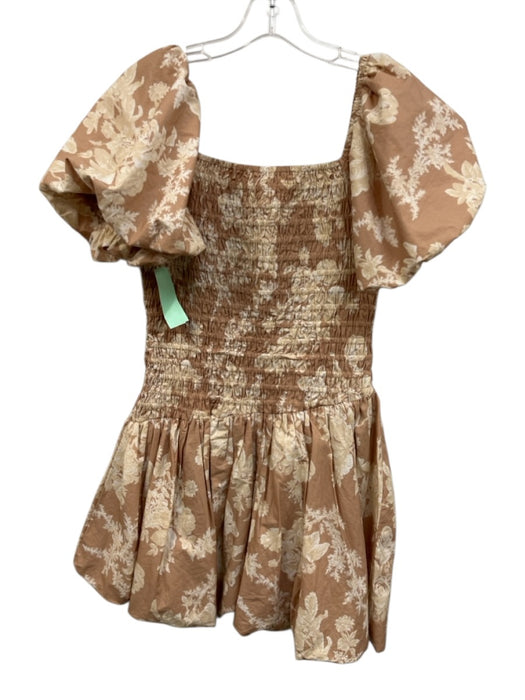 Loveshackfancy Size S Beige & Cream Cotton Shirred Floral Square Neck Mini Dress Beige & Cream / S