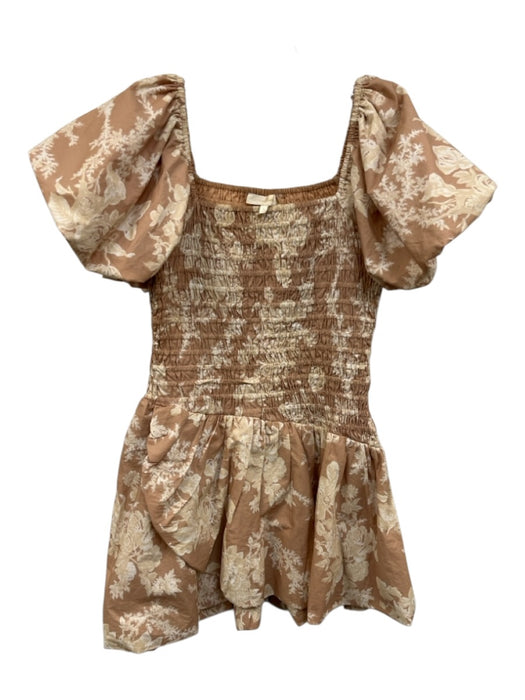Loveshackfancy Size S Beige & Cream Cotton Shirred Floral Square Neck Mini Dress Beige & Cream / S
