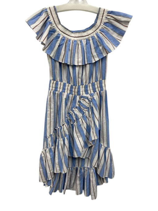 Misa Size S White, BLue, Brown Cotton Ruffle Cap Sleeve Elastic Neck Midi Dress White, BLue, Brown / S