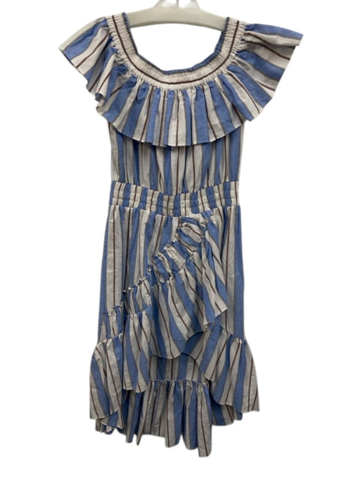 Misa Size S White, BLue, Brown Cotton Ruffle Cap Sleeve Elastic Neck Midi Dress White, BLue, Brown / S