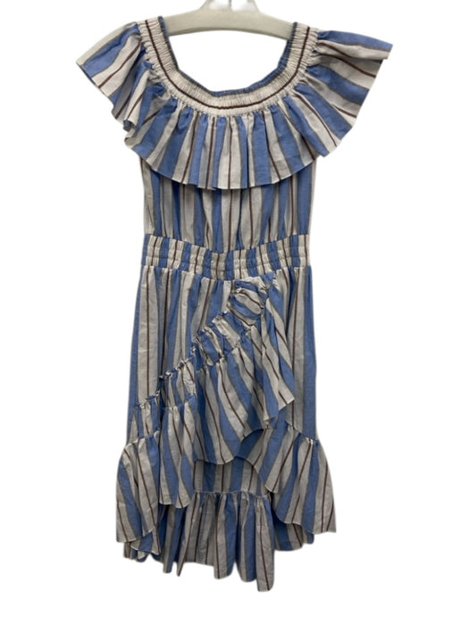 Misa Size S White, BLue, Brown Cotton Ruffle Cap Sleeve Elastic Neck Midi Dress White, BLue, Brown / S