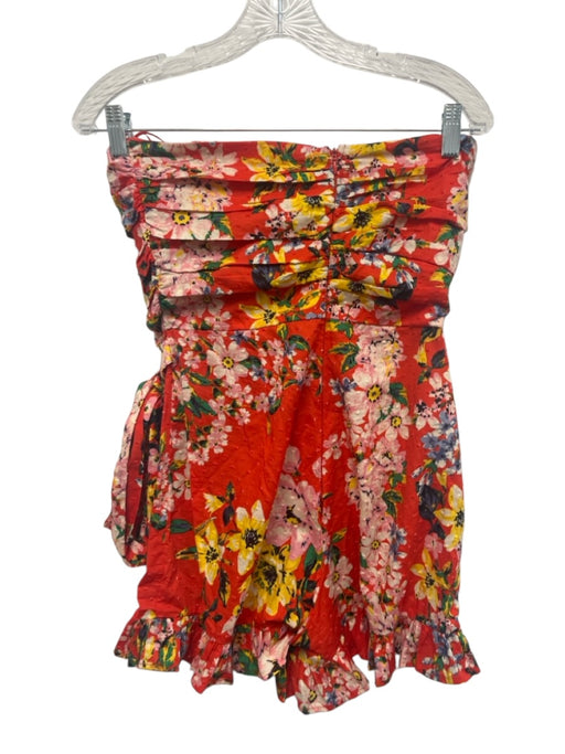 Olivaceous Size M Red & Multi Cotton Side Zip Floral Wrap Tie Strapless Dress Red & Multi / M