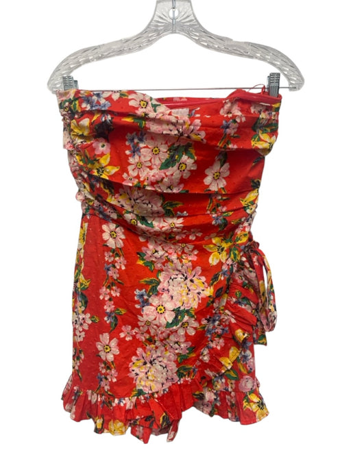 Olivaceous Size M Red & Multi Cotton Side Zip Floral Wrap Tie Strapless Dress Red & Multi / M