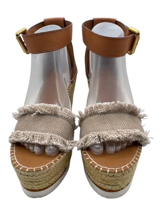 See By Chloe Shoe Size 39 Taupe & Brown Leather Upper Fringe Canvas Espadrille Taupe & Brown / 39