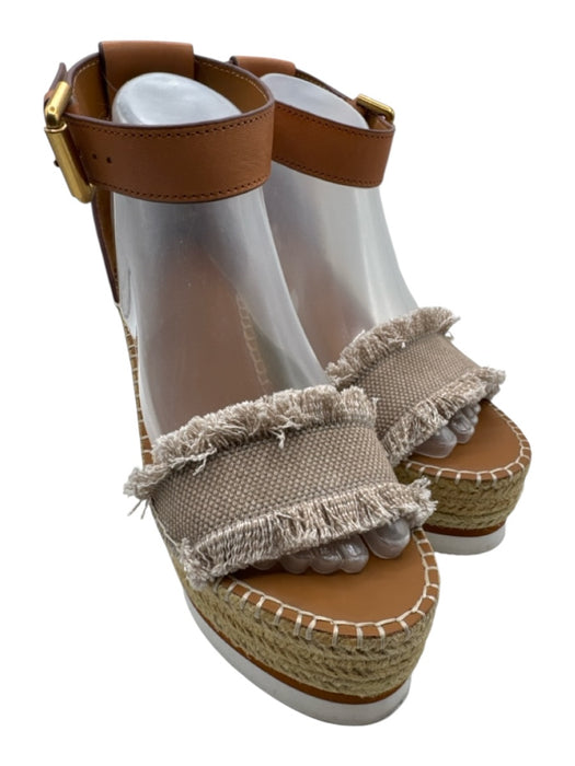 See By Chloe Shoe Size 39 Taupe & Brown Leather Upper Fringe Canvas Espadrille Taupe & Brown / 39