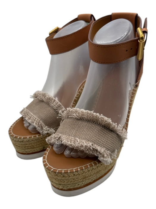 See By Chloe Shoe Size 39 Taupe & Brown Leather Upper Fringe Canvas Espadrille Taupe & Brown / 39