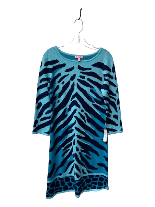 Lilly Pulitzer Size Medium Blue Cotton Knit Zebra Long Sleeve boat neck Dress Blue / Medium