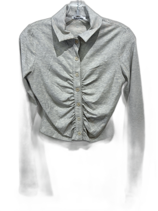 Reformation Size M Gray & Beige Tencel Button Up Abstract Print Ribbed Top Gray & Beige / M
