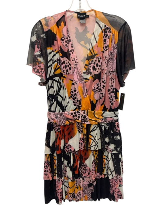 Desigual Size XL Black, White & Multi Mesh Flutter Cap sleeve Abstract Dress Black, White & Multi / XL