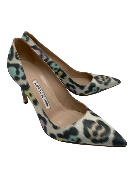 Manolo Blahnik Shoe Size 36 Green Gray Purple Satin Abstract Pointed Toe Pumps Green Gray Purple / 36