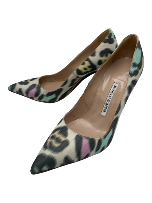 Manolo Blahnik Shoe Size 36 Green Gray Purple Satin Abstract Pointed Toe Pumps Green Gray Purple / 36