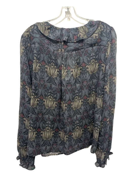 Paige Size L Gray Print Silk Ruffle Trim Lace Up Front Floral Long Sleeve Top Gray Print / L