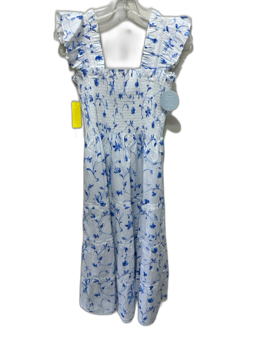 Hill House Size M White & Blue Cotton Floral Sleeveless Shirred Bodice Dress White & Blue / M
