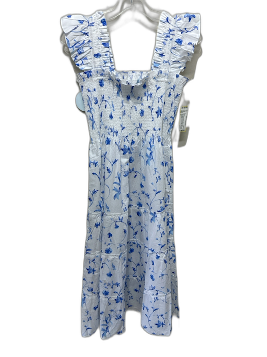 Hill House Size M White & Blue Cotton Floral Sleeveless Shirred Bodice Dress White & Blue / M