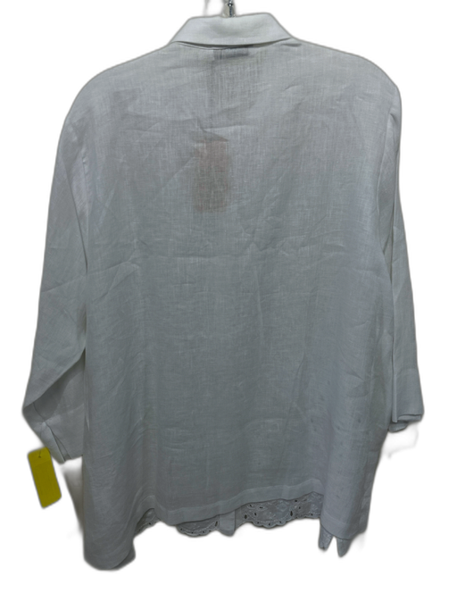 WHYCI Size 50 White Linen Floral Eyelet 3/4 Sleeve Button Up Shirt Top White / 50