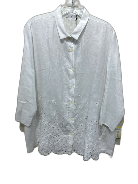 WHYCI Size 50 White Linen Floral Eyelet 3/4 Sleeve Button Up Shirt Top White / 50