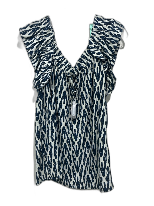 Figue Size L Blue & Gray Silk Ruffle Cap Sleeve Abstract Print Wide Neck Top Blue & Gray / L