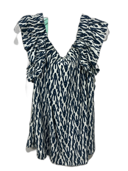 Figue Size L Blue & Gray Silk Ruffle Cap Sleeve Abstract Print Wide Neck Top Blue & Gray / L