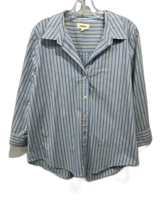 L'agence Size L Blue, Gray, White Cotton Long Sleeve Stripe Blouse Top Blue, Gray, White / L