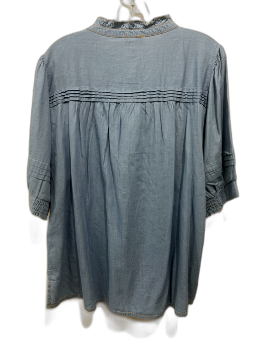 ME + EM Size 14 Blue Cotton Short Puff Sleeve Pintuck Buttons Top Blue / 14