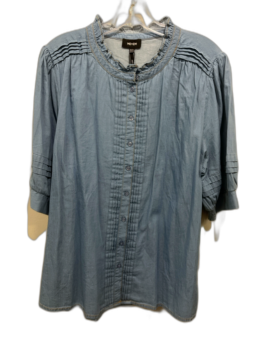 ME + EM Size 14 Blue Cotton Short Puff Sleeve Pintuck Buttons Top Blue / 14
